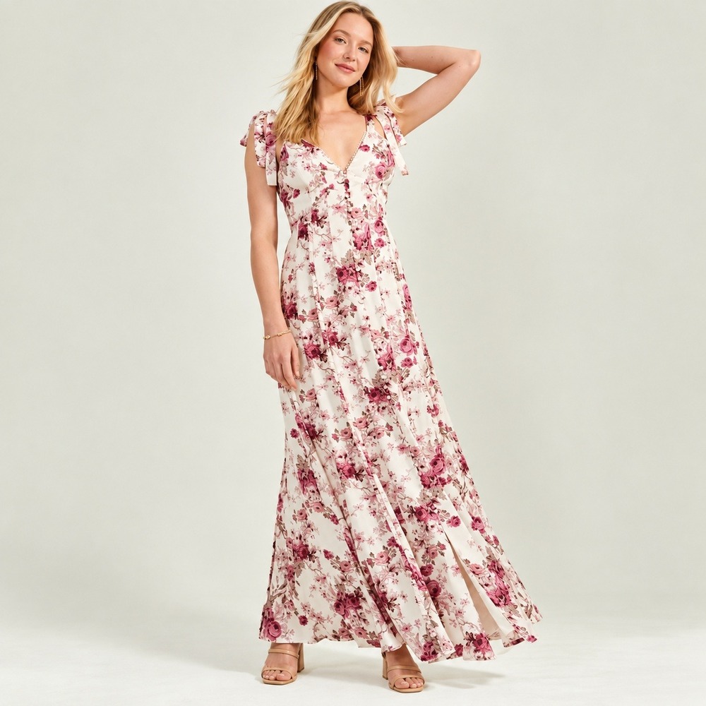 Altar'd State Cream Pink Floral Jacindy Satin Maxi Dress Corset Lace Up Large